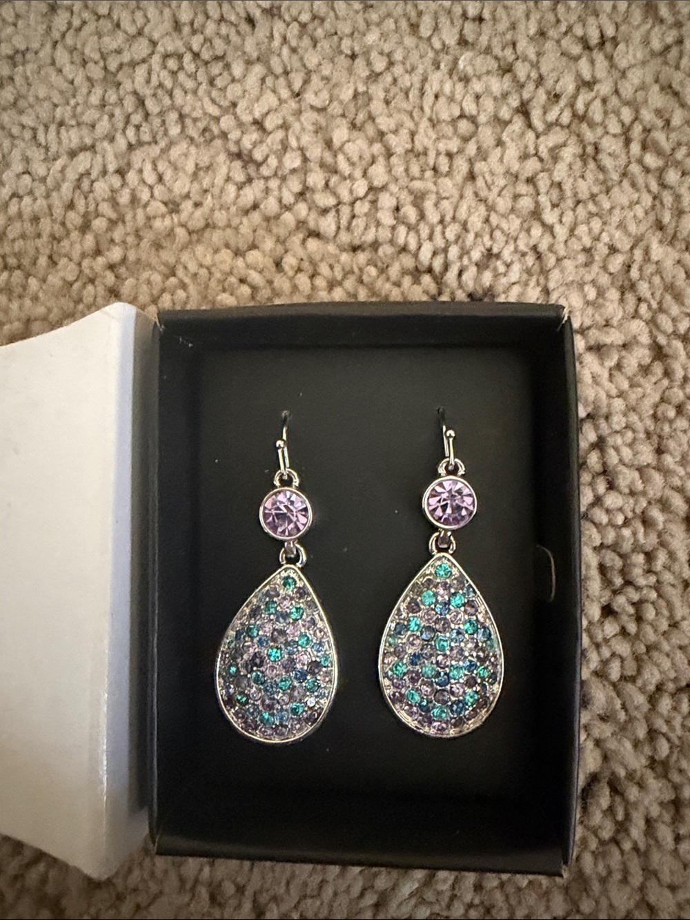 Avon Purple & Teal Crystal Teardrop Drop Earrings new in box